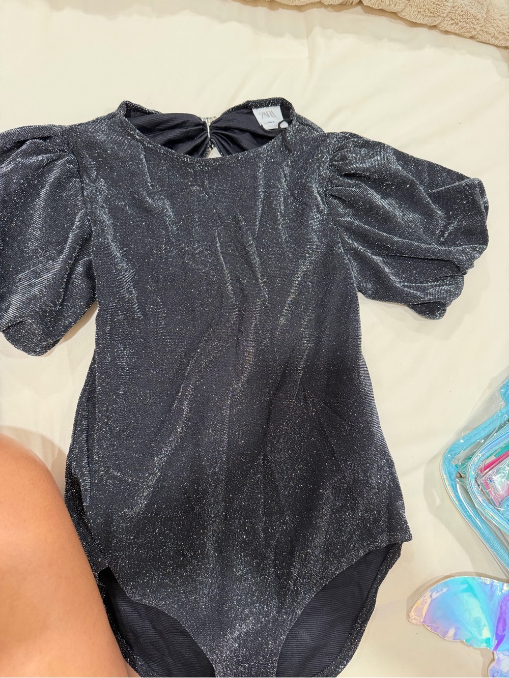 Zara Sparkle Puff Sleeve Black Glitter Bodysuit
